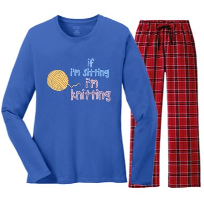 When I'm Sitting I'm Knitting Funny Knitter Gift Women's Long Sleeve Flannel Pajama Set 