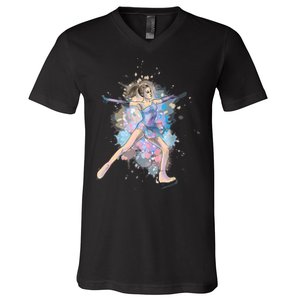 Watercolor Ice Skater Girl | Ice Skating V-Neck T-Shirt