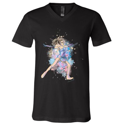 Watercolor Ice Skater Girl | Ice Skating V-Neck T-Shirt