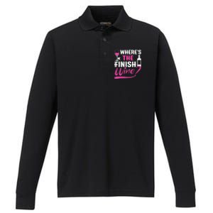 Where Is The Finish Wine Funny Runner Marathon Performance Long Sleeve Polo