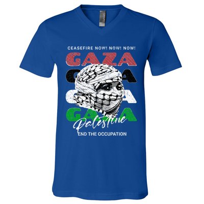 Woman In Traditional Palestinian Scarf V-Neck T-Shirt