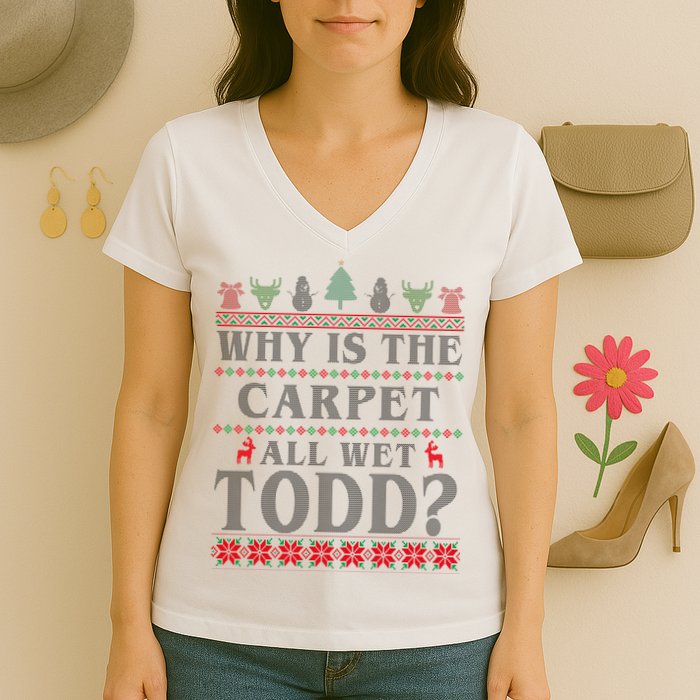 Why Is The Carpet All Wet Todd Funny Ugly Christmas Women's V-Neck T-Shirt