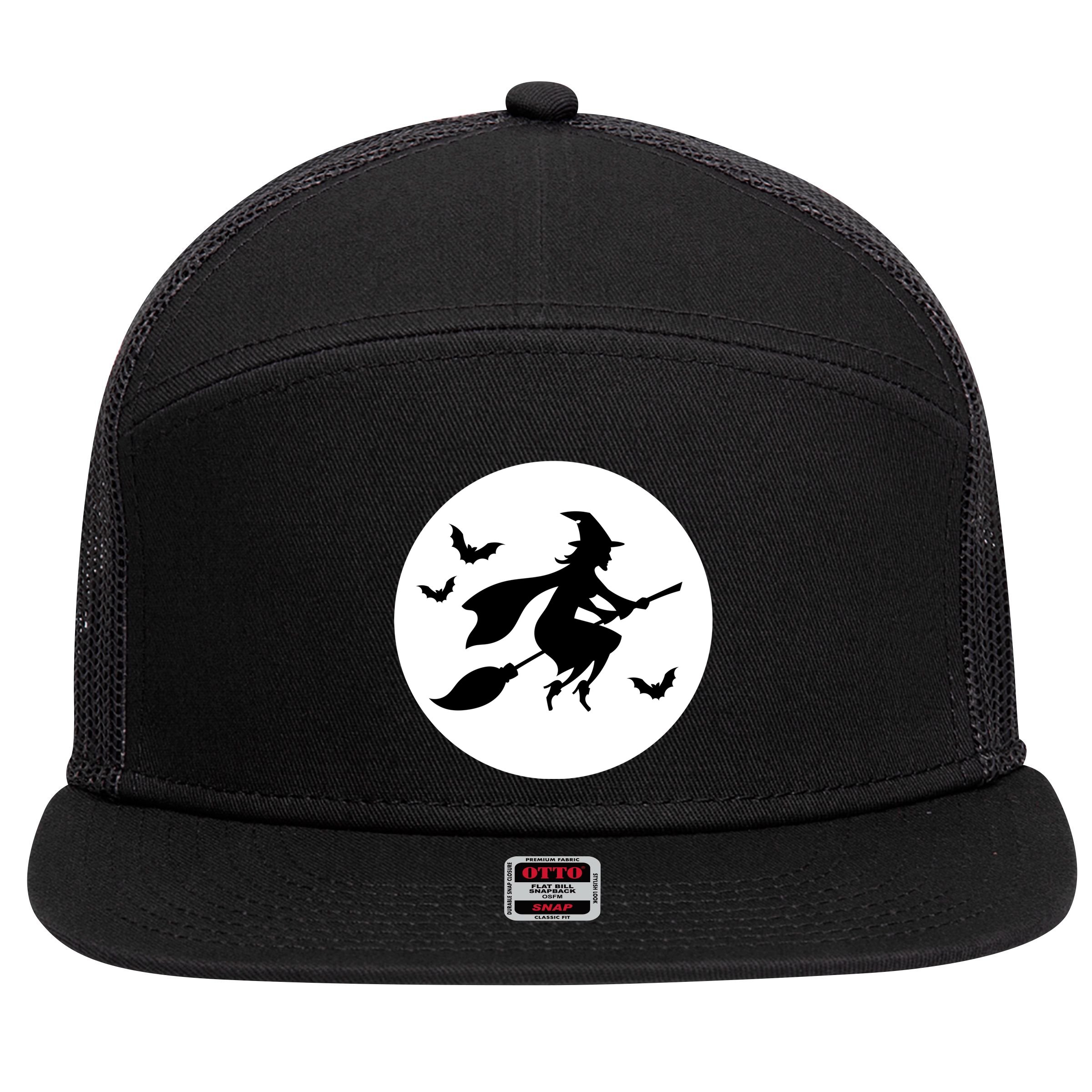 Witch Flying Over Moon Halloween 7 Panel Mesh Trucker Snapback Hat