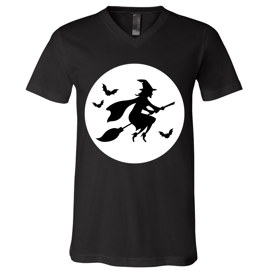 Witch Flying Over Moon Halloween V-Neck T-Shirt