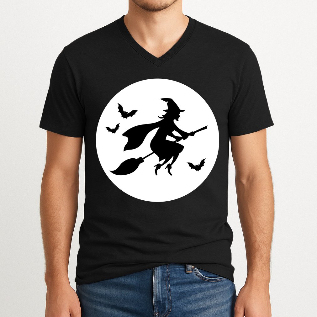 Witch Flying Over Moon Halloween V-Neck T-Shirt
