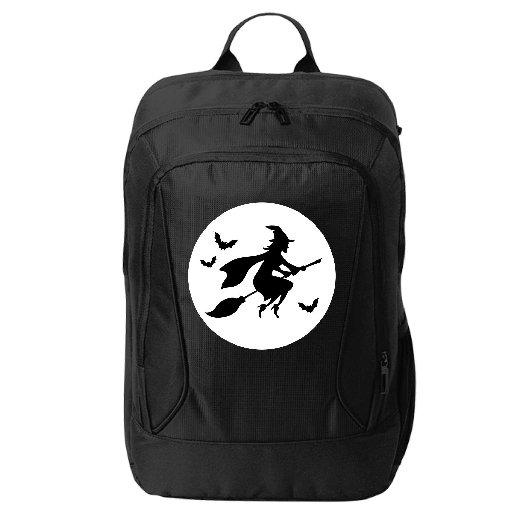 Witch Flying Over Moon Halloween City Backpack