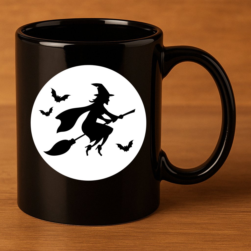 Witch Flying Over Moon Halloween 11oz C Handle Ceramic Mug