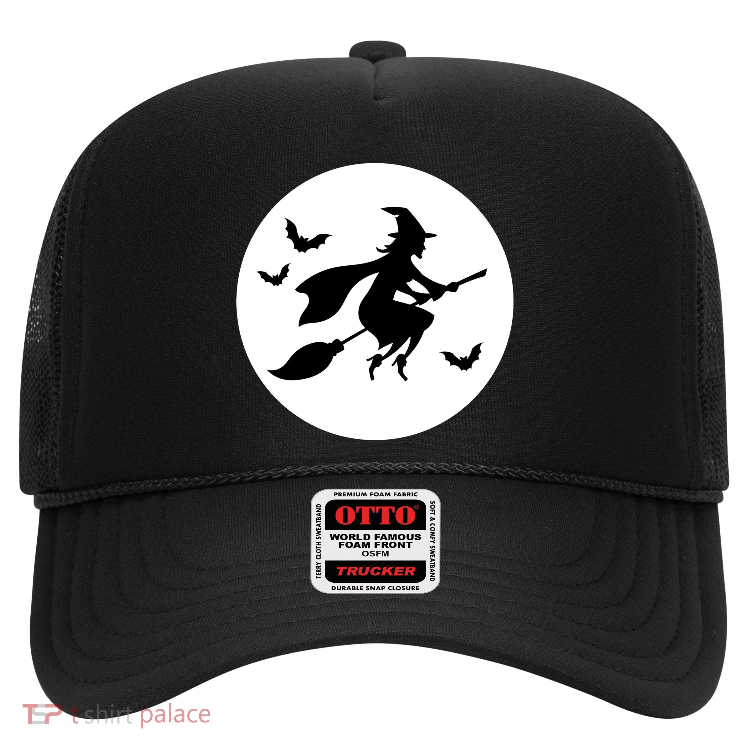 Witch Flying Over Moon Halloween Trucker Hat