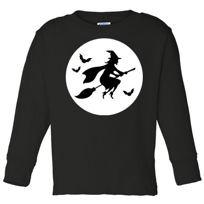 Witch Flying Over Moon Halloween Toddler Long Sleeve Shirt