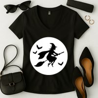 Witch Flying Over Moon Halloween Women's V-Neck T-Shirt