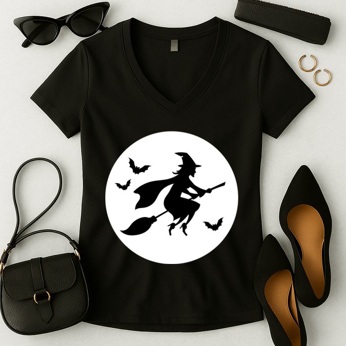 Witch Flying Over Moon Halloween Women's V-Neck T-Shirt