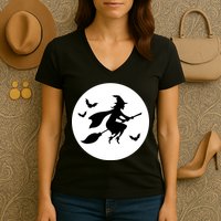 Witch Flying Over Moon Halloween Women's V-Neck T-Shirt