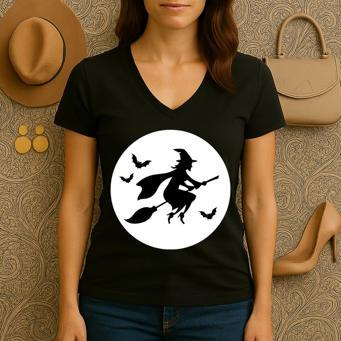 Witch Flying Over Moon Halloween Women's V-Neck T-Shirt