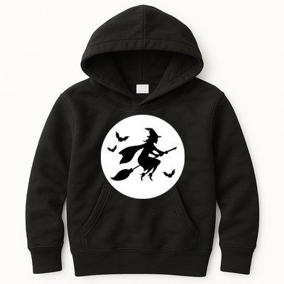 Witch Flying Over Moon Halloween Kids Hoodie
