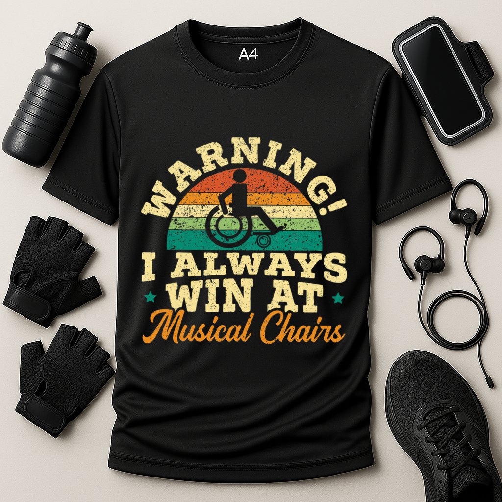 Warning I Win At Musical Chairs Wheelchair Handicap Cooling Performance Crew T-Shirt