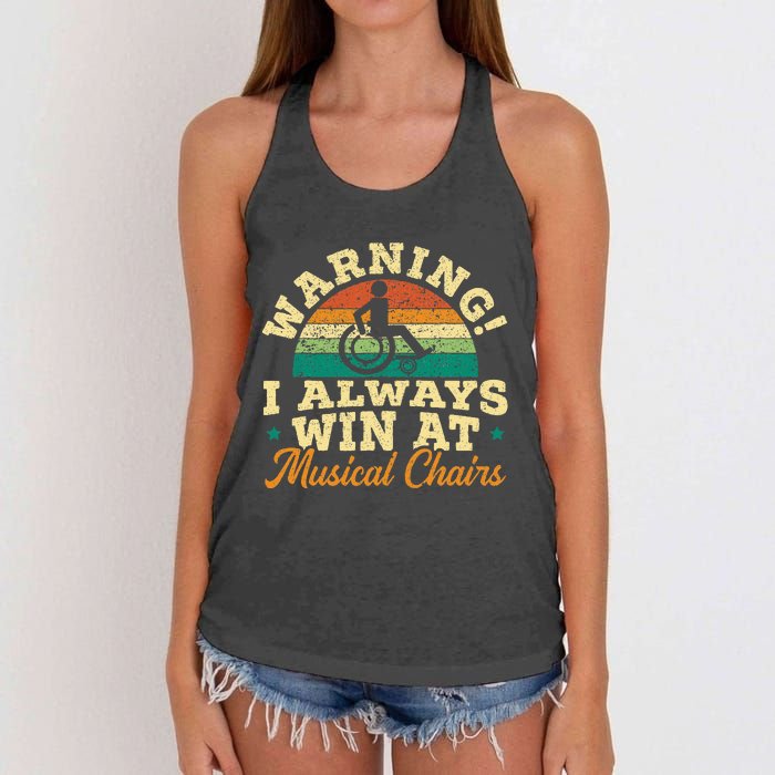 Warning I Win At Musical Chairs Wheelchair Handicap Women's Knotted Racerback Tank