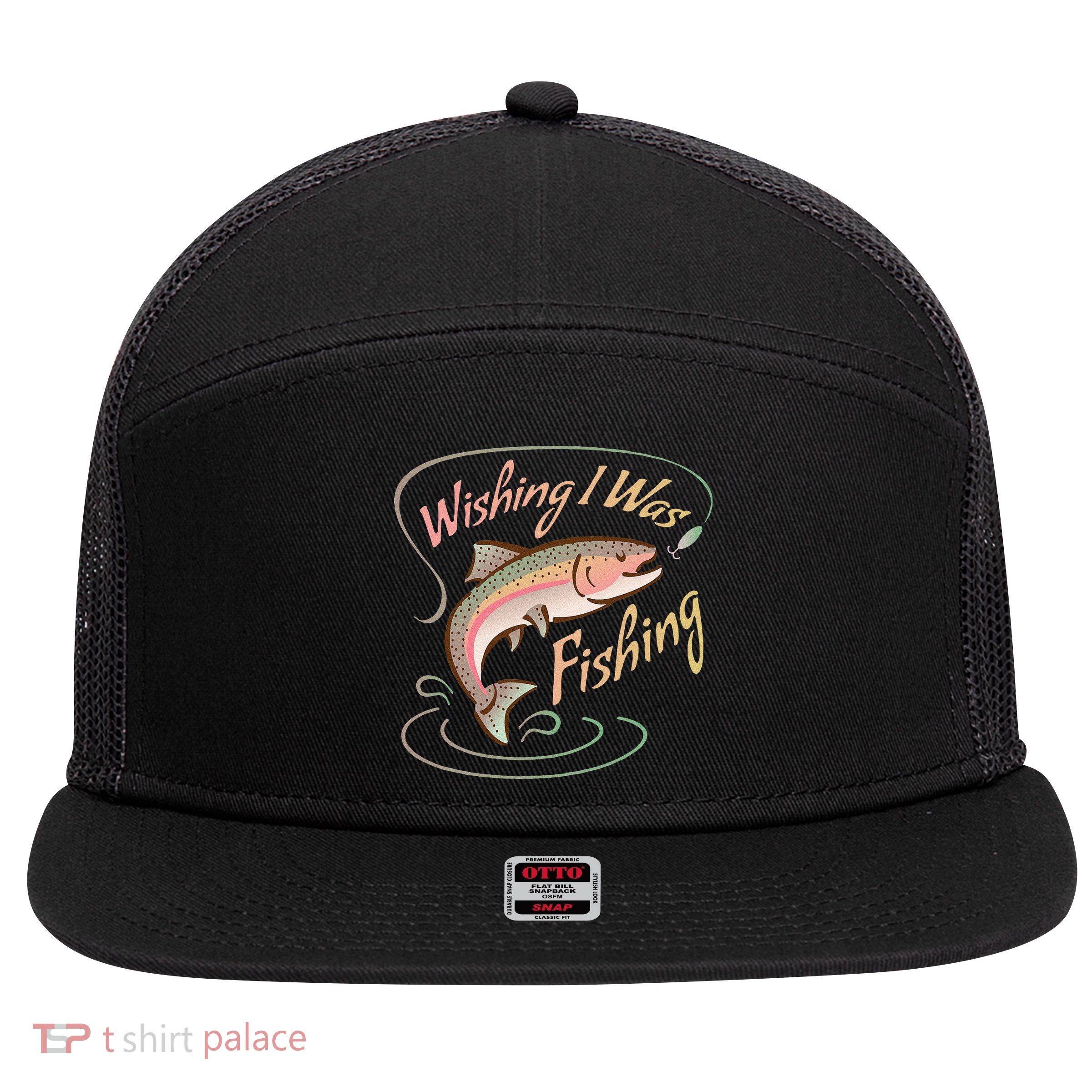 WISHING I WAS FISHING Rainbow Trout Salmon Sport Fish 7 Panel Mesh Trucker Snapback Hat