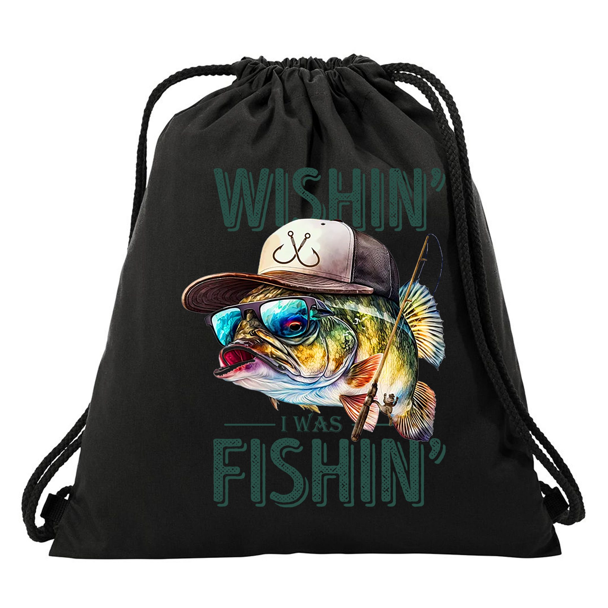 Wishin' I Was Fishin'  – Funny Fishing , Angler Humor Gift For Outdoors Lovers Drawstring Bag