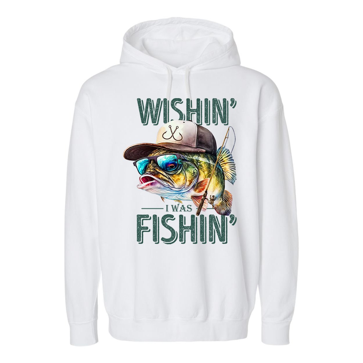 Wishin' I Was Fishin'  – Funny Fishing , Angler Humor Gift For Outdoors Lovers Garment-Dyed Fleece Hoodie