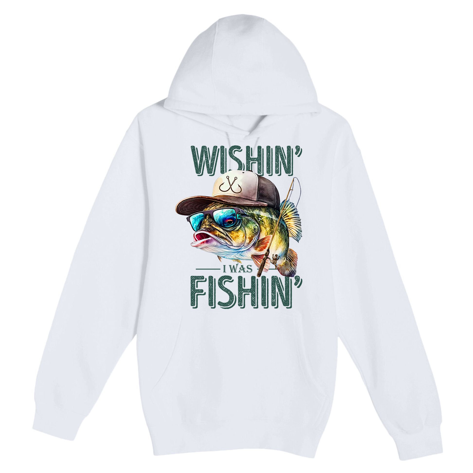 Wishin' I Was Fishin'  – Funny Fishing , Angler Humor Gift For Outdoors Lovers Premium Pullover Hoodie