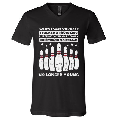 When I Was Younger Bowling Funny Humor Gag Bowler V-Neck T-Shirt