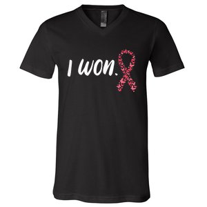 Wo I Won Breast Cancer Awareness  Support Pink Ribbon Survivor V-Neck T-Shirt