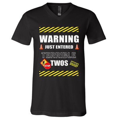 Warning Just Entered Terrible Twos Second 2nd Birthday Boy V-Neck T-Shirt