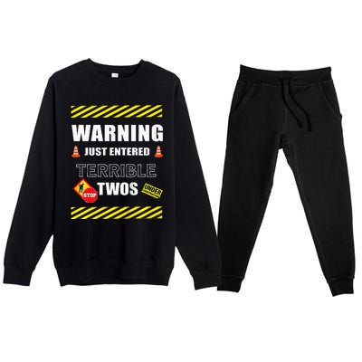 Warning Just Entered Terrible Twos Second 2nd Birthday Boy Premium Crewneck Sweatsuit Set