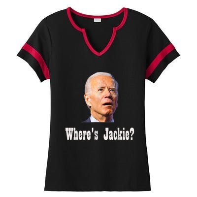 Where's Jackie? Funny AntiBiden Ladies Halftime Notch Neck Tee