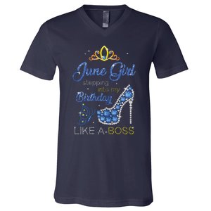 Womens June Girl Stepping Into My Birthday Gift For Gemini Womens V-Neck T-Shirt