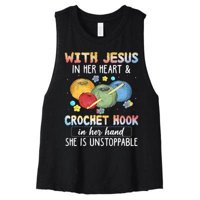 With Jesus In Her Heart & Crochet Hook Women's Racerback Cropped Tank