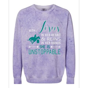 With Jesus In Her Heart And Reins In Her Hands She Is Colorblast Crewneck Sweatshirt