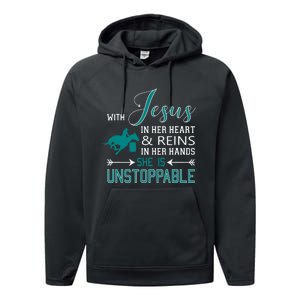 With Jesus In Her Heart And Reins In Her Hands She Is Performance Fleece Hoodie