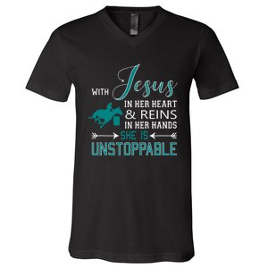 With Jesus In Her Heart And Reins In Her Hands She Is V-Neck T-Shirt