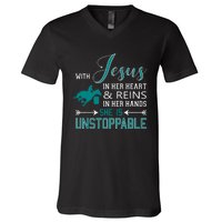 With Jesus In Her Heart And Reins In Her Hands She Is V-Neck T-Shirt