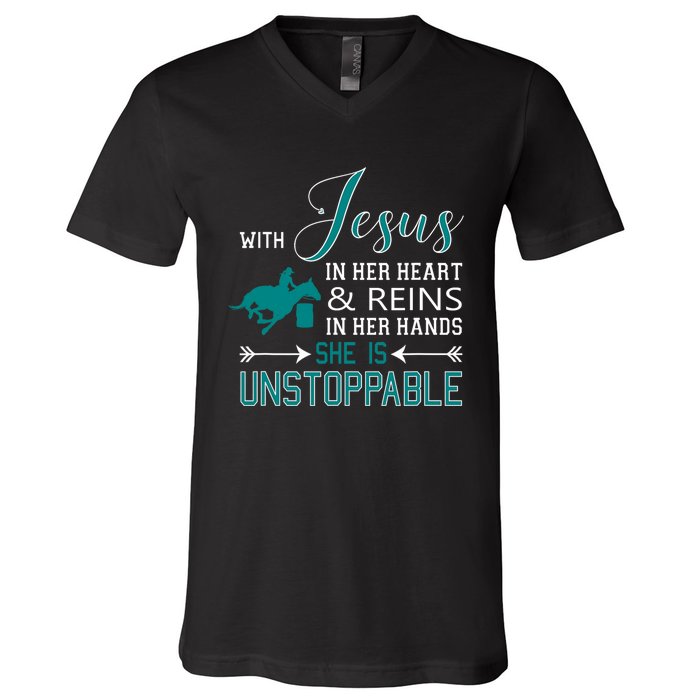 With Jesus In Her Heart And Reins In Her Hands She Is V-Neck T-Shirt