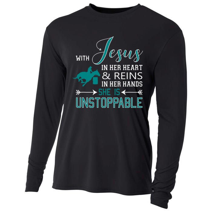 With Jesus In Her Heart And Reins In Her Hands She Is Cooling Performance Long Sleeve Crew