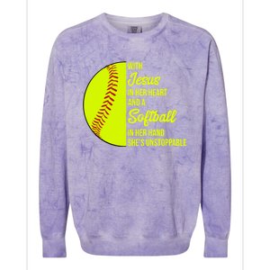 With Jesus In Her Heart She's Unstoppable Softball Gift Colorblast Crewneck Sweatshirt