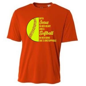 With Jesus In Her Heart She's Unstoppable Softball Gift Cooling Performance Crew T-Shirt