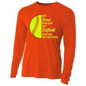 With Jesus In Her Heart She's Unstoppable Softball Gift Cooling Performance Long Sleeve Crew