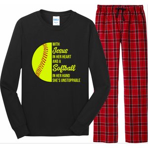 With Jesus In Her Heart She's Unstoppable Softball Gift Long Sleeve Pajama Set