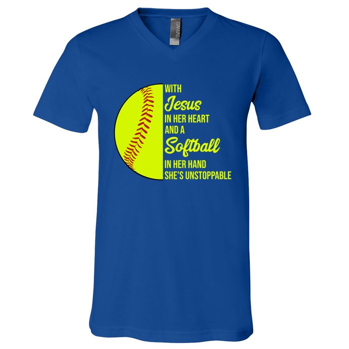 With Jesus In Her Heart She's Unstoppable Softball Gift V-Neck T-Shirt