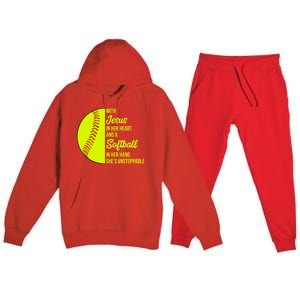 With Jesus In Her Heart She's Unstoppable Softball Gift Premium Hooded Sweatsuit Set