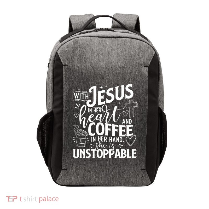 With Jesus In Her Heart And Coffee In Her Hand Faith Vector Backpack