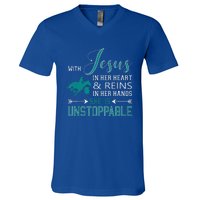 With Jesus In Her Heart And Reins In Her Hands She Is V-Neck T-Shirt