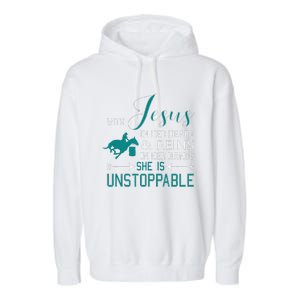 With Jesus In Her Heart And Reins In Her Hands She Is Garment-Dyed Fleece Hoodie