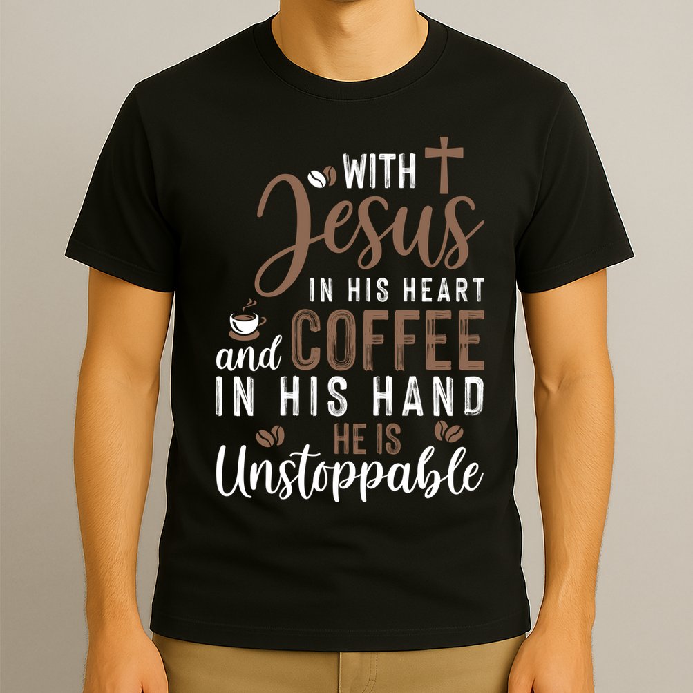 With Jesus In His Heart And Coffee In His Hand He Is Unstoppable T-Shirt