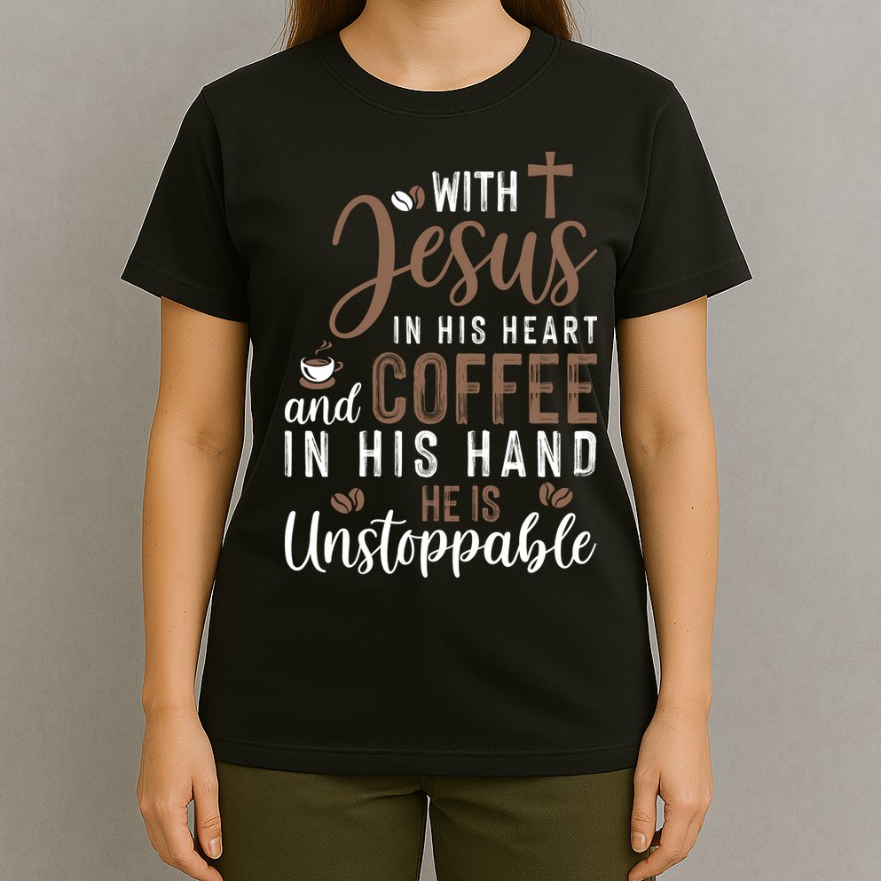 With Jesus In His Heart And Coffee In His Hand He Is Unstoppable T-Shirt