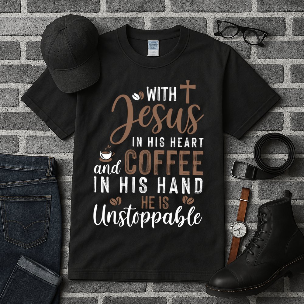 With Jesus In His Heart And Coffee In His Hand He Is Unstoppable Tall T-Shirt