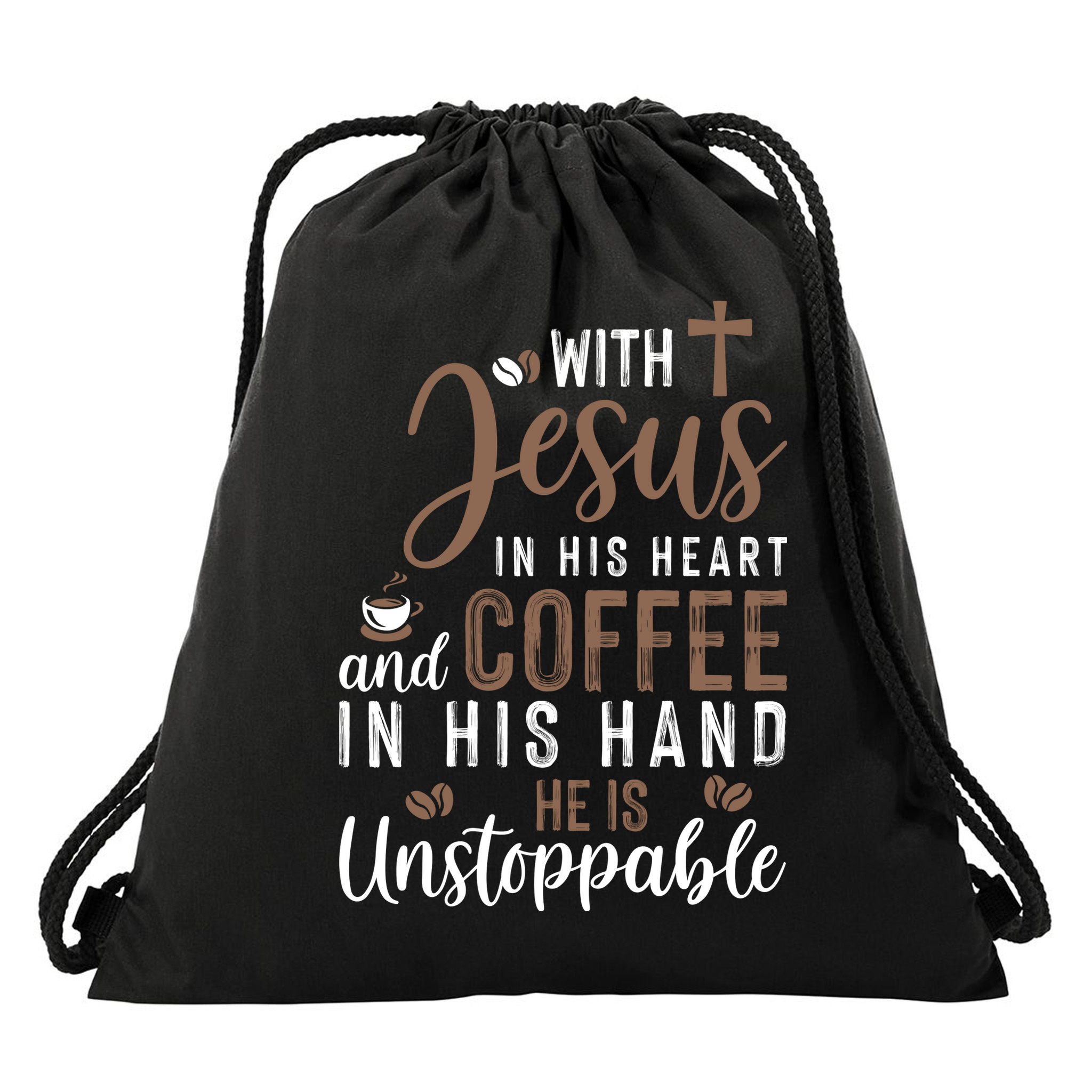 With Jesus In His Heart And Coffee In His Hand He Is Unstoppable Drawstring Bag